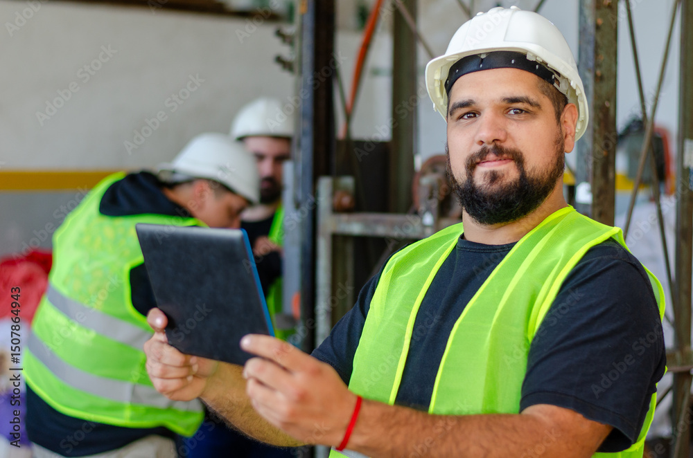 Obraz premium Male factory or industrial worker using a digital tablet wearing safety gear at construction site. Recycle factory concept.Workers in the background