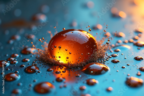 Chemical reaction. Acid Droplet touching metal foil, triggering an intense chemical reaction with bubbling, sizzling textures and vivid corrosion patterns. AI-generated photo