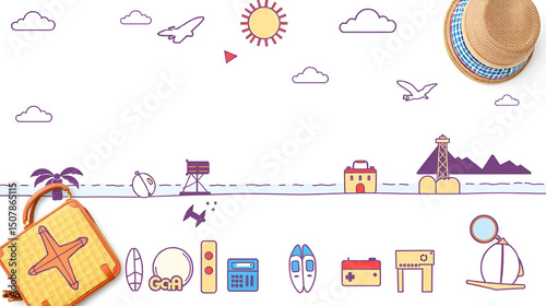 Travel essentials for summer vacation planning with icons of destinations and activities