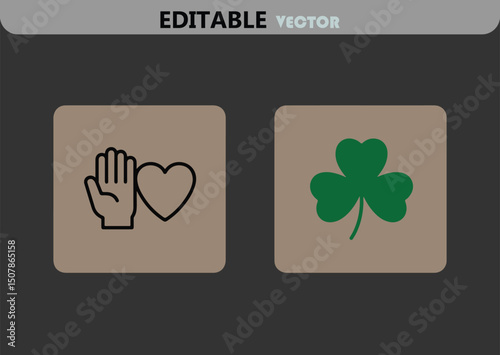 Icon Set Featuring Hand with Heart and Shamrock for St Patrick s Day Celebrations and Irish Culture Editable Vector