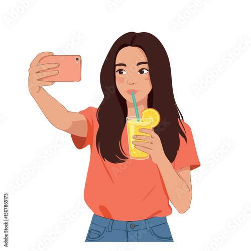 Young woman taking selfie drinking orange juice with lemon slice vector illustration 
