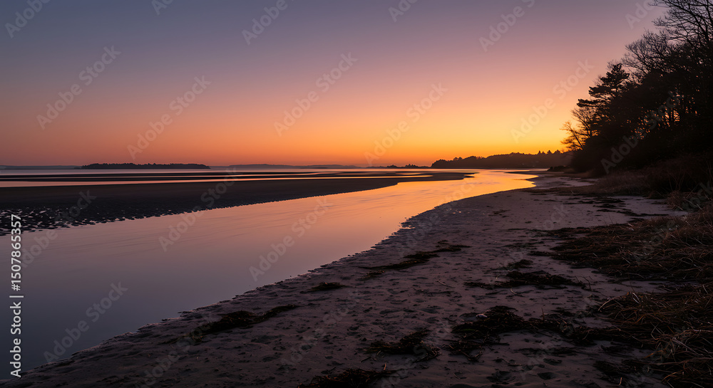 Fototapeta premium Serene Sunset over Coastal Inlet Sandy Beach and Silhouetted Trees