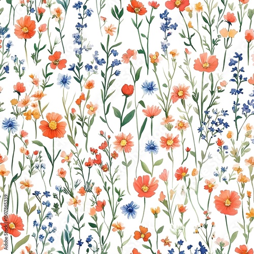 Bright Floral Seamless Pattern with Red and Blue Flowers