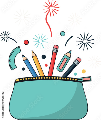Pencil Case with Colored Pencils and Ruler Vector Illustration for School Supplies Design 