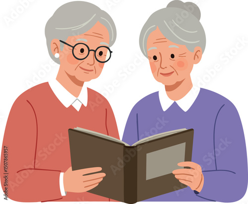 Elderly women reading book together in cozy sweaters vector illustration 