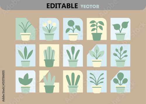 Collection of Fifteen Potted Plants in a Grid Pattern with Pastel Colors Perfect for Home Decor Gardening and Nature Themed Designs