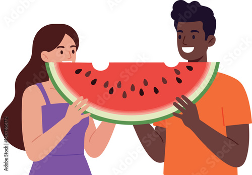 Young man and woman holding large watermelon slice vector illustration summer fruit healthy eating 