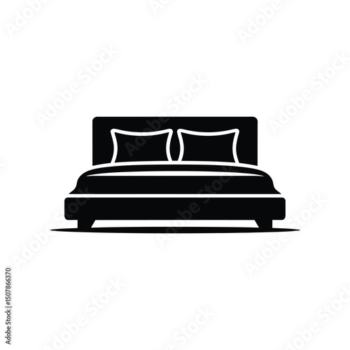 Double Bed Silhouette with Pillows, Mattress, Headboard, Black on Transparent
