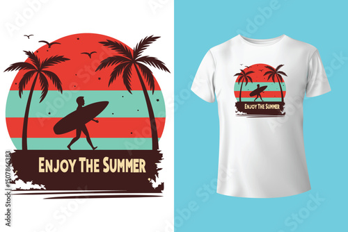 Summer Escape T-Shirt Design – Beach and Palm Tree Vector, Hot Summer Vibes – Stylish T-Shirt Graphic for Sunny Days, Beach Mood T-Shirt Art – Summer Illustration with Sun and Sea, Summer Daydream.