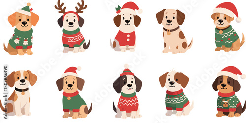 "Set of cute Christmas dogs wearing festive sweaters and Santa hats, holiday pets, winter celebration, adorable cartoon puppies illustration"

flat vector illustration