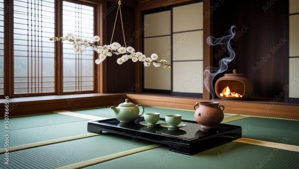 Fototapeta premium A serene Japanese Tea Ceremony Setting showcasing Tranquility and Tradition