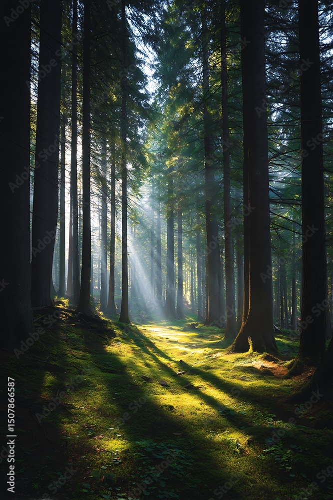 Fototapeta premium light cascading through tree trunks onto forest floor