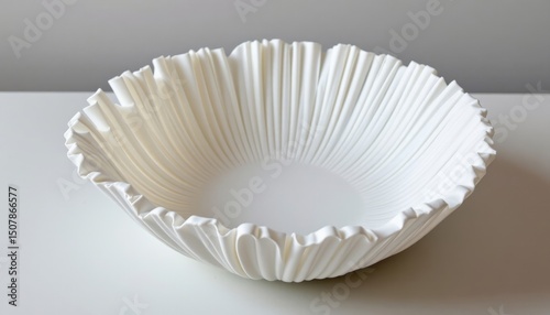 a decorative bowl shaped from fused plastic straws, layered and pressed into a solid matte white dish with gentle ripples along the edge, combining playful texture with refined aesthetics.