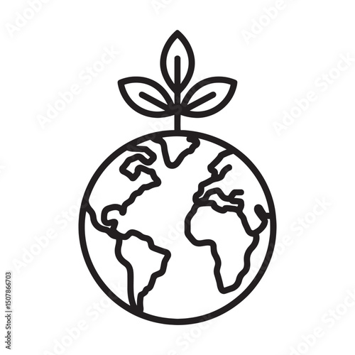 Earth with Leaves Icon – Eco-Friendly Planet and Plant Line Style Vector Illustration.