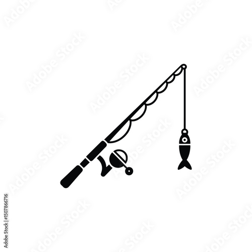 Fishing Pole Silhouette with Caught Fish on Transparent Background Isolated
