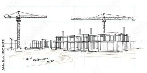 Hand-drawn sketch of construction site, blueprint style, vector preview, machinery, tools