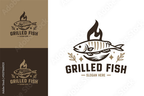 Grilled Fish Logo Design Fish Grilling Logo for Seafood Branding