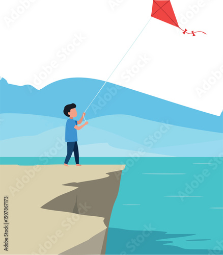 Boy flying red kite near blue sea cliff in clear sky vector illustration 