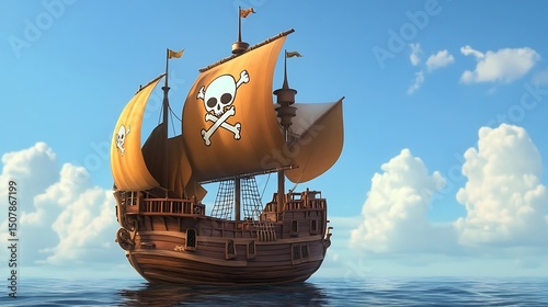 A wooden sailing ship with orange sails and a skull and crossbones flag.