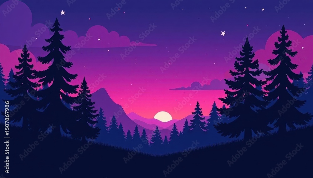 Naklejka premium Silhouetted pines against a purple twilight sky, deep forest floor , view, trees
