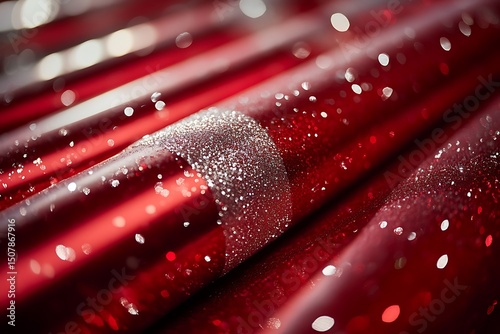 Close up of red gift wrapping paper with a silver glitter ribbon and bokeh lights effect