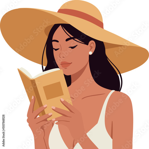 Woman in wide brim hat reading book with calm expression summer leisure activity 