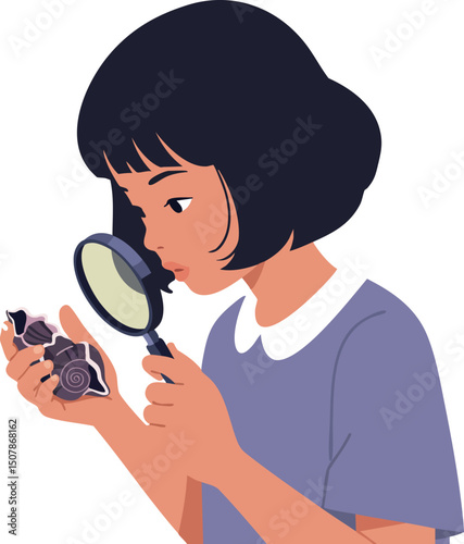 Girl examining small object with magnifying glass closeup vector illustration 