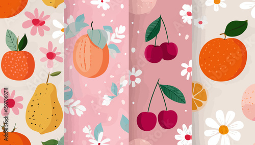 Modern Fruit & Floral Seamless Patterns � Hand-Drawn Textured Designs for Contemporary Paper, Fabric, and Wall Coverings