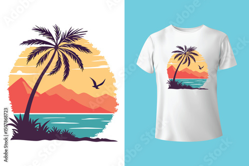 Summer Escape T-Shirt Design – Beach and Palm Tree Vector, Hot Summer Vibes – Stylish T-Shirt Graphic for Sunny Days, Beach Mood T-Shirt Art – Summer Illustration with Sun and Sea, Summer Daydream.