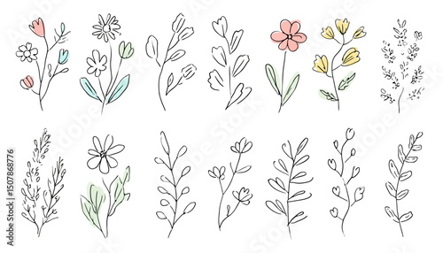 Minimalist Continuous Line Floral Vector Set with Flowers, Branches, and Leaves for Logos, Weddings, and Greeting Cards