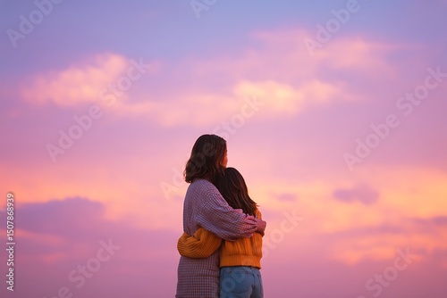 mother and teenage daughter in loving embrace under pastel sky