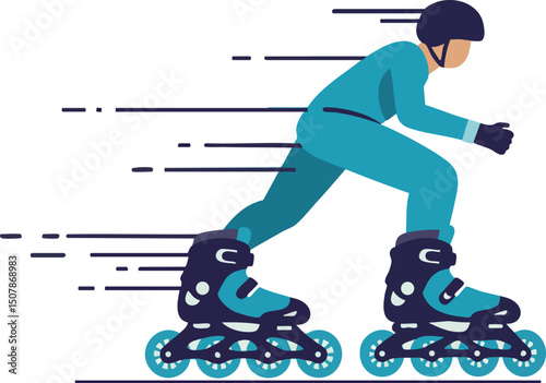 Inline Skater Wearing Helmet and Protective Gear Speeding on Blue Skates Vector Illustration 