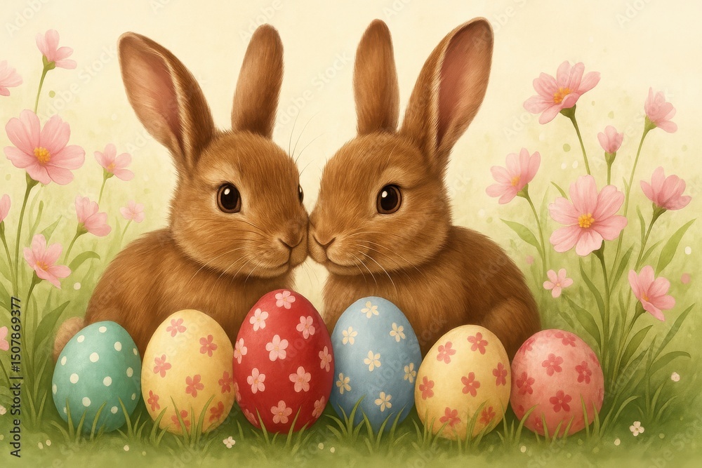 Obraz premium イースターのウサギと花とイースターエッグの背景