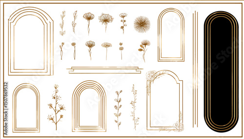 Vector Set of Simple Linear Boho Arch and Border Design Elements, Logo Templates, and Frames for Social Media Stories and Posts