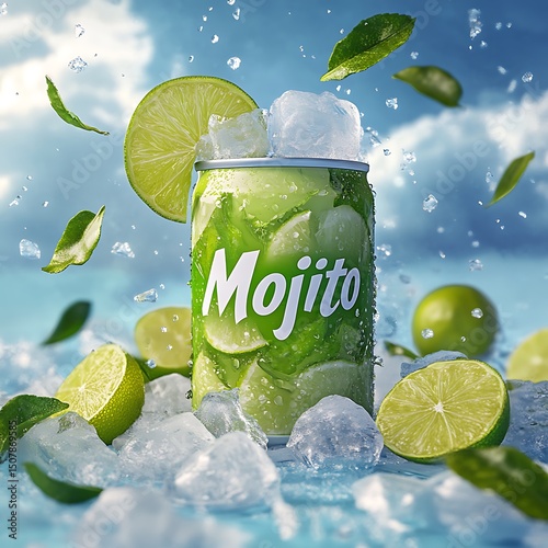 Refreshing mojito beverage in a can, surrounded by ice and lime slices.