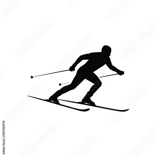 Isolated Silhouette of Cross Country Skier with Poles on Transparent Background