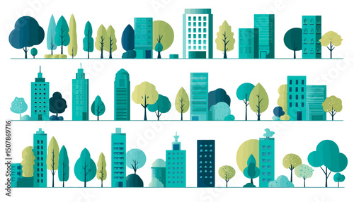 Minimal Geometric Flat Vector Set � City Landscape Elements with Buildings and Trees for Website Headers, Banners, and Covers Background