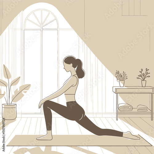 Vector illustration of a woman doing yoga indoors in a bright room with natural light – flat minimal design, healthy lifestyle concept
