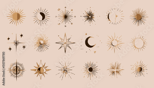 Vector Set of Linear Icons and Symbols Featuring Stars, Moon, and Sun for Modern Minimalist Logo and Decorative Design Templates