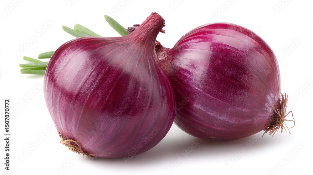 Two red onions with green herbs on a white surface. Two red onions with green herbs on a white surface.