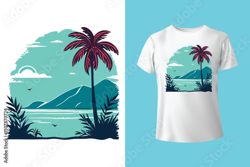 Summer Escape T-Shirt Design – Beach and Palm Tree Vector, Hot Summer Vibes – Stylish T-Shirt Graphic for Sunny Days, Beach Mood T-Shirt Art – Summer Illustration with Sun and Sea, Summer Daydream.