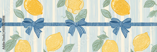 Vintage Seamless Pattern with Lemons, Whimsical Frames, Bows, and Stripes Summer Mediterranean Coastal Print Italian Vacation Vibe Hand Drawn Vector Illustration