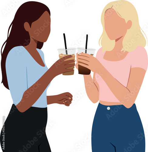 Two women toasting with cold coffee drinks in casual clothes vector illustration friendly social interaction 