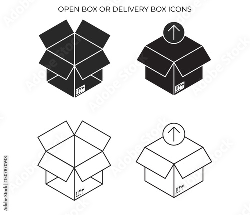 This icon depicts an open cardboard box, signifying packaging, unpacking, or items ready for shipment.