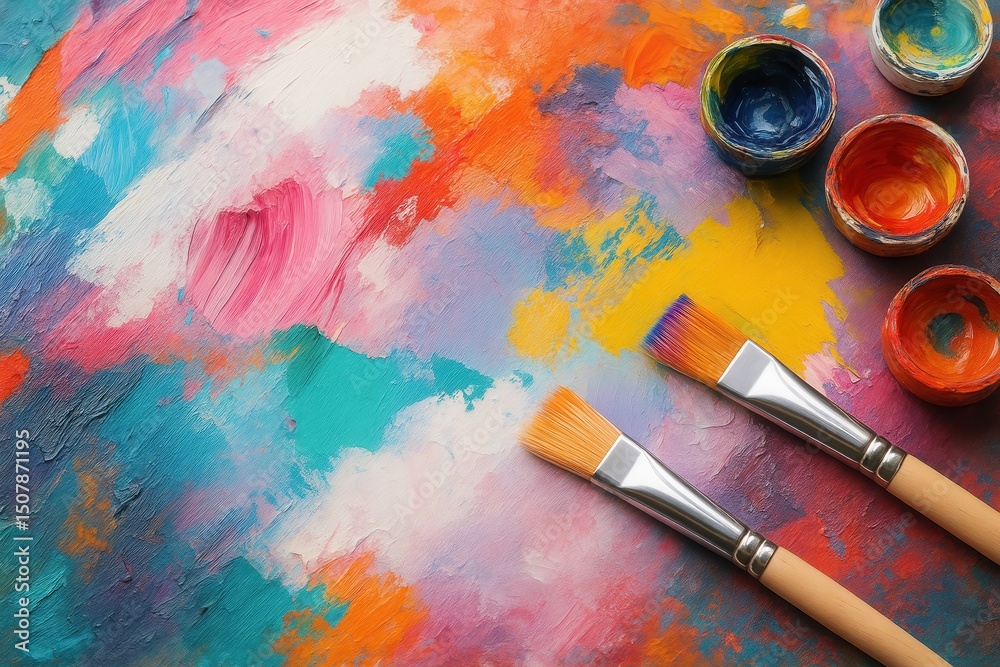 Obraz premium カラフルな絵の具と筆を使った抽象的なアートワークの背景素材