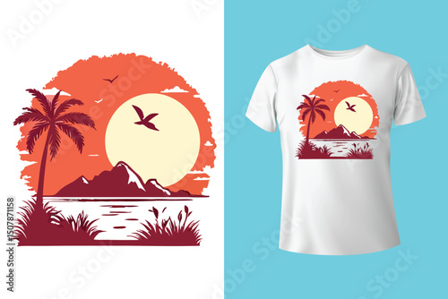 Summer Escape T-Shirt Design – Beach and Palm Tree Vector, Hot Summer Vibes – Stylish T-Shirt Graphic for Sunny Days, Beach Mood T-Shirt Art – Summer Illustration with Sun and Sea, Summer Daydream.