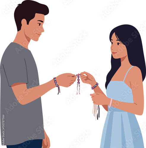 Young man and woman exchanging friendship bracelets in casual interaction vector illustration 