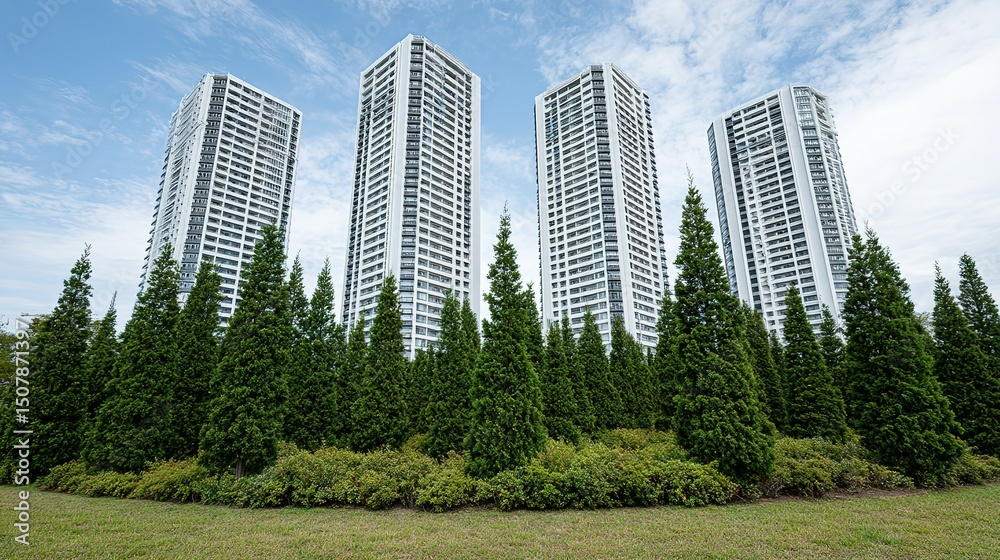 Fototapeta premium Modern apartment buildings amidst a tree line.