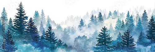Misty Blue Pine Forest Watercolor Landscape