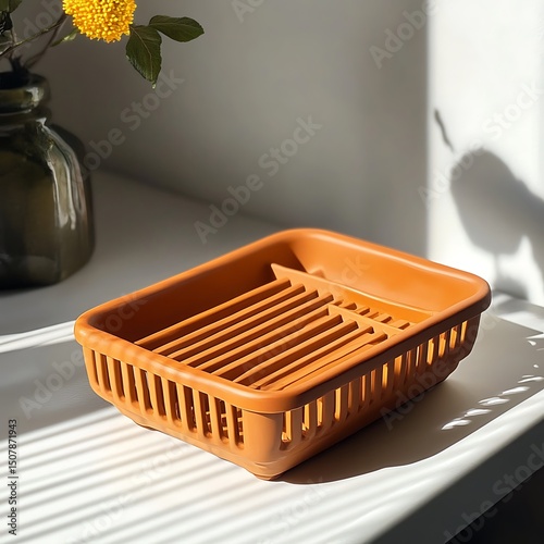 Rectangular dish drainer in a light terracotta hue.